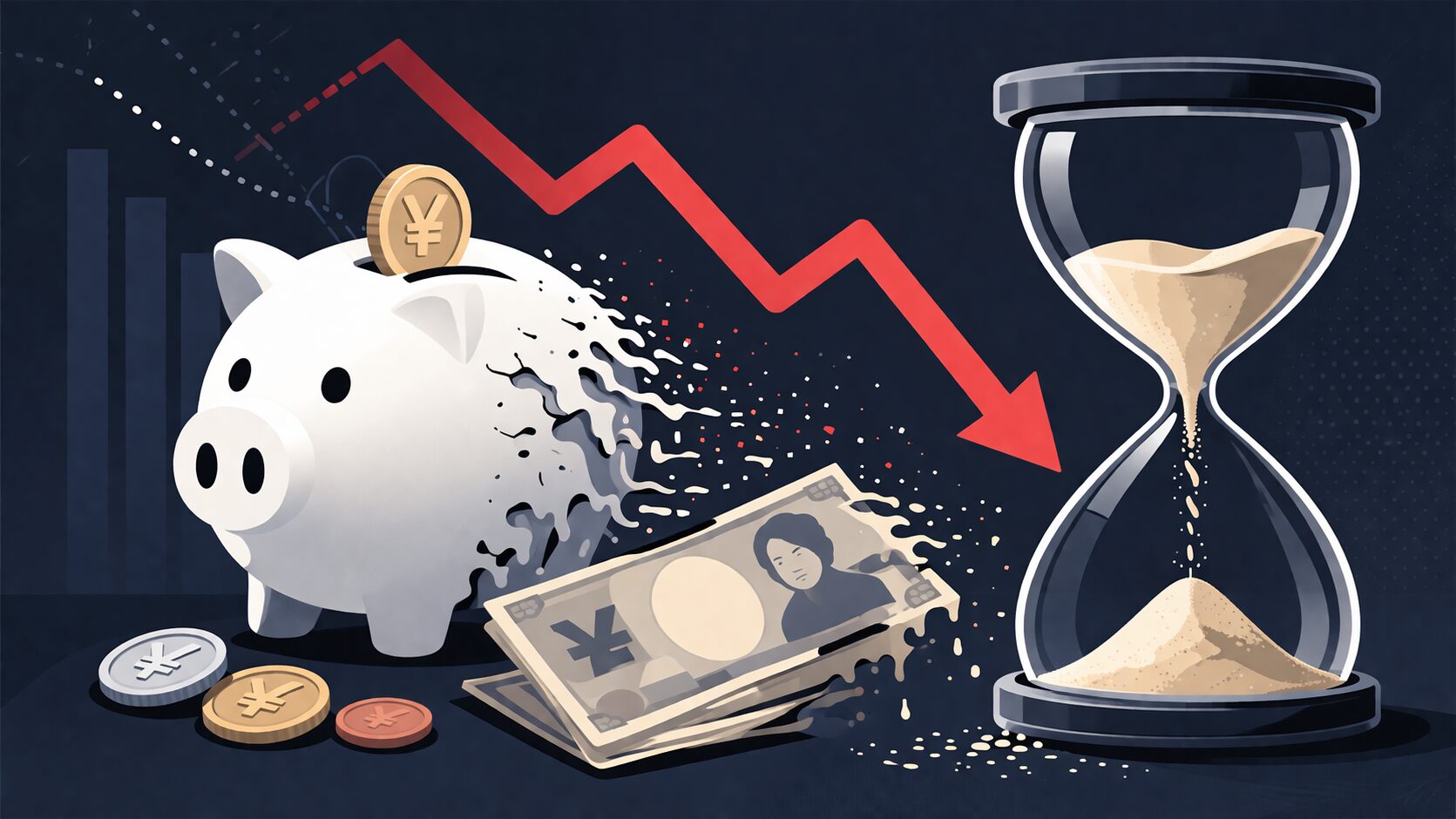 インフレで崩れていく貯金箱と砂時計、下落する赤い矢印のイラスト。物価上昇によって貯金の価値が目減りしていくイメージ。