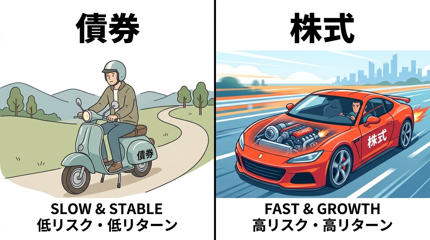 債券と株式を原チャリとターボ車で比較したイラスト。左側に債券・低リスク低リターン、右側に株式・高リスク高リターン。