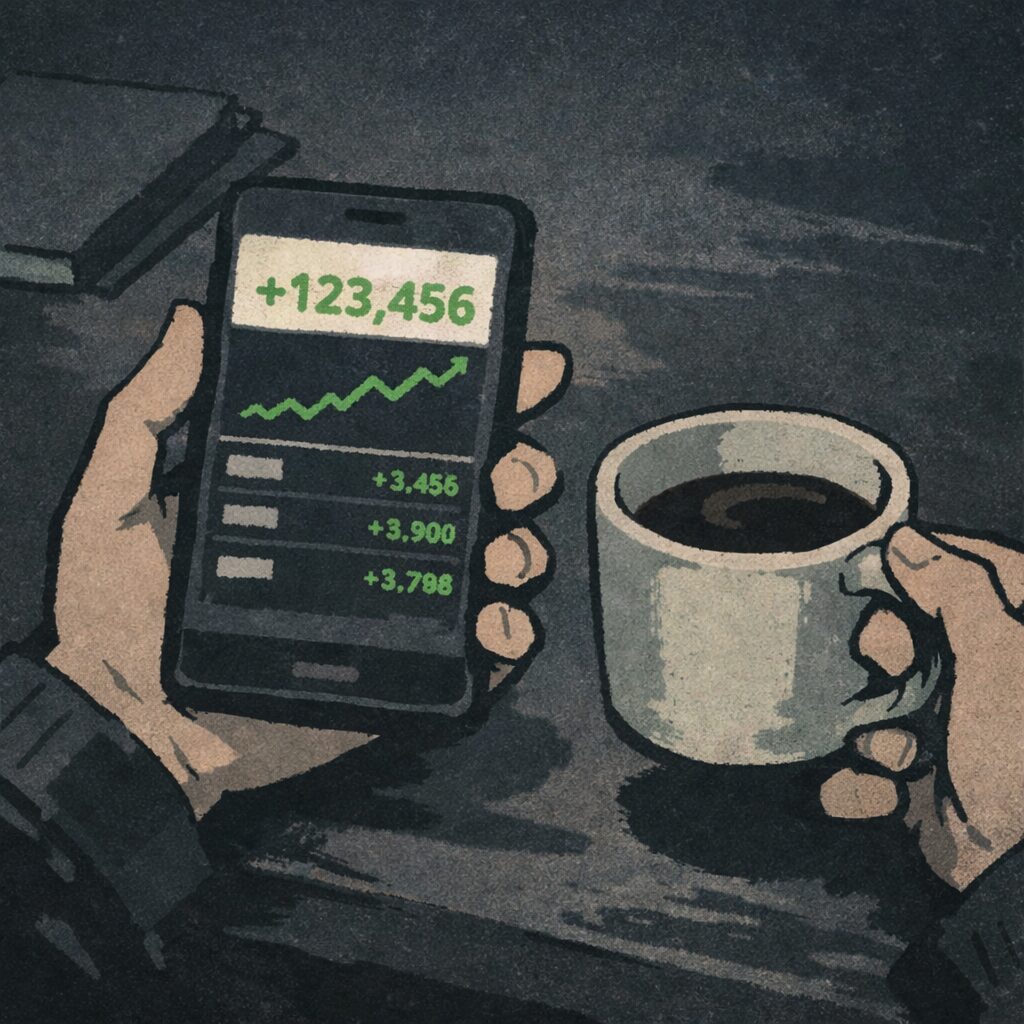 スマホの証券アプリで含み益のプラス表示を確認しながらコーヒーを飲むイラスト
