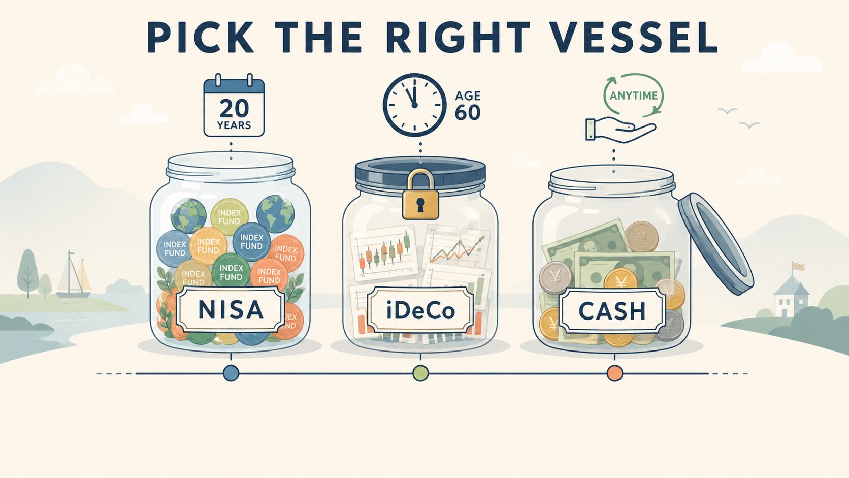 NISA・iDeCo・現金の3つの器が並び、それぞれの時間軸を示すアイコンが添えられたイラスト