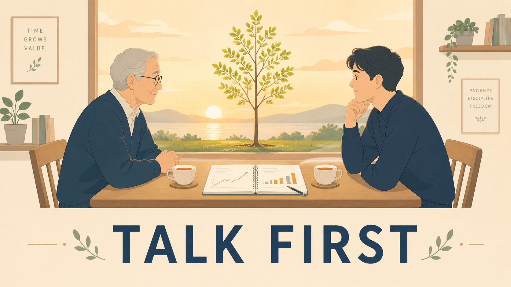 親世代と次世代が穏やかに対話するシルエットと、窓の外で育つ若木のフラットイラスト