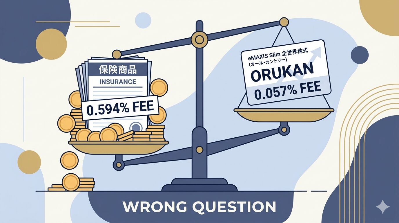変額保険とオルカンのコスト差を天秤で比較するシンプルなイラスト
