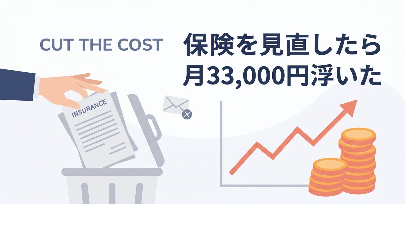保険書類を手放し積立グラフが伸びるイメージ、不要なメールアイコン付き