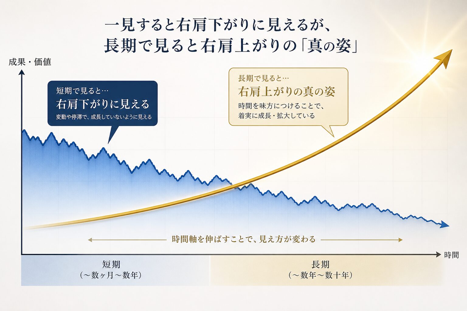 短期では下落して見えるグラフが、長期では右肩上がりに伸びていく投資の本質を示すイラスト