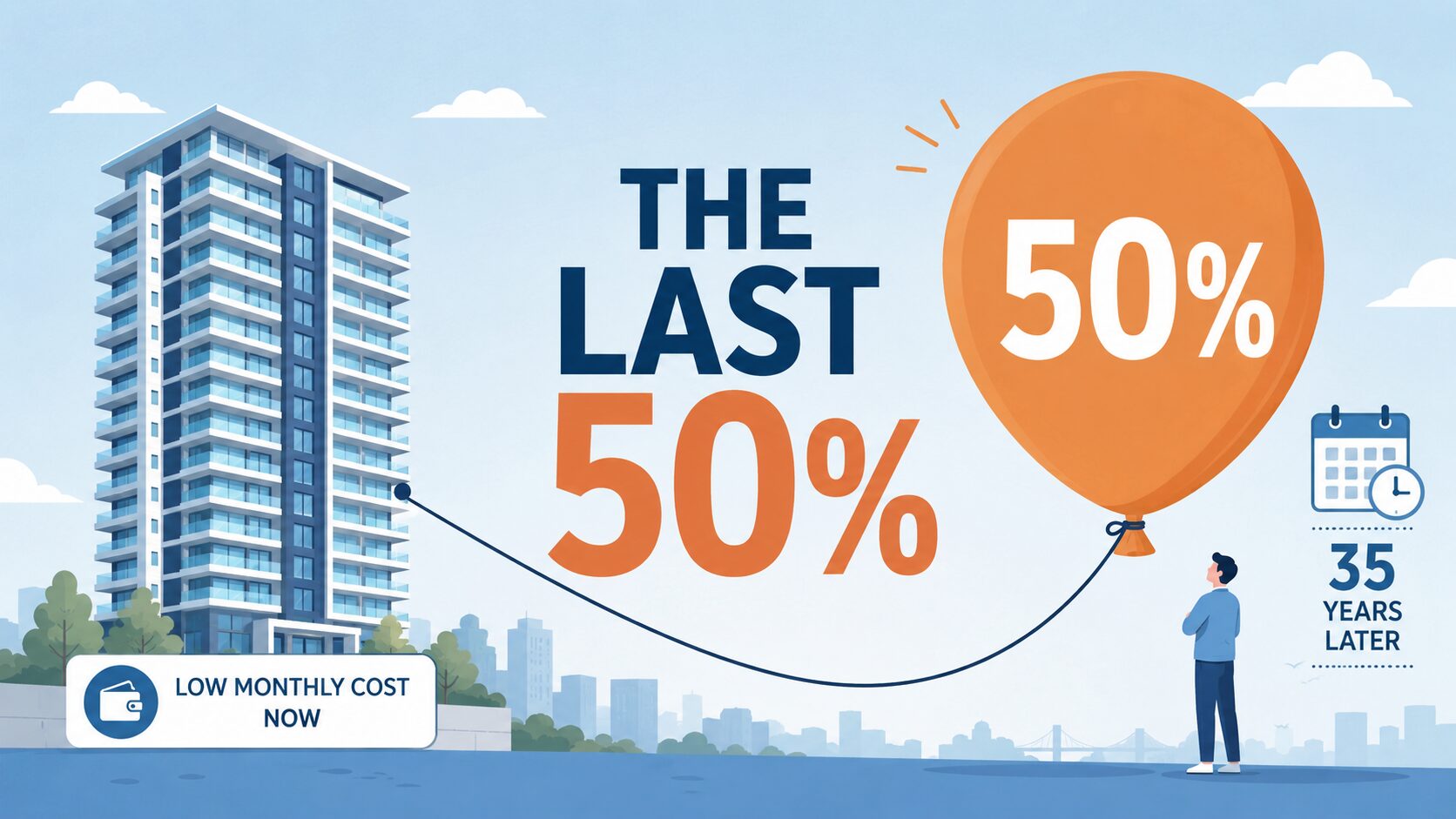 タワマンと最後に残る担保評価額50%の一括払いを天秤にかけるフラットイラスト