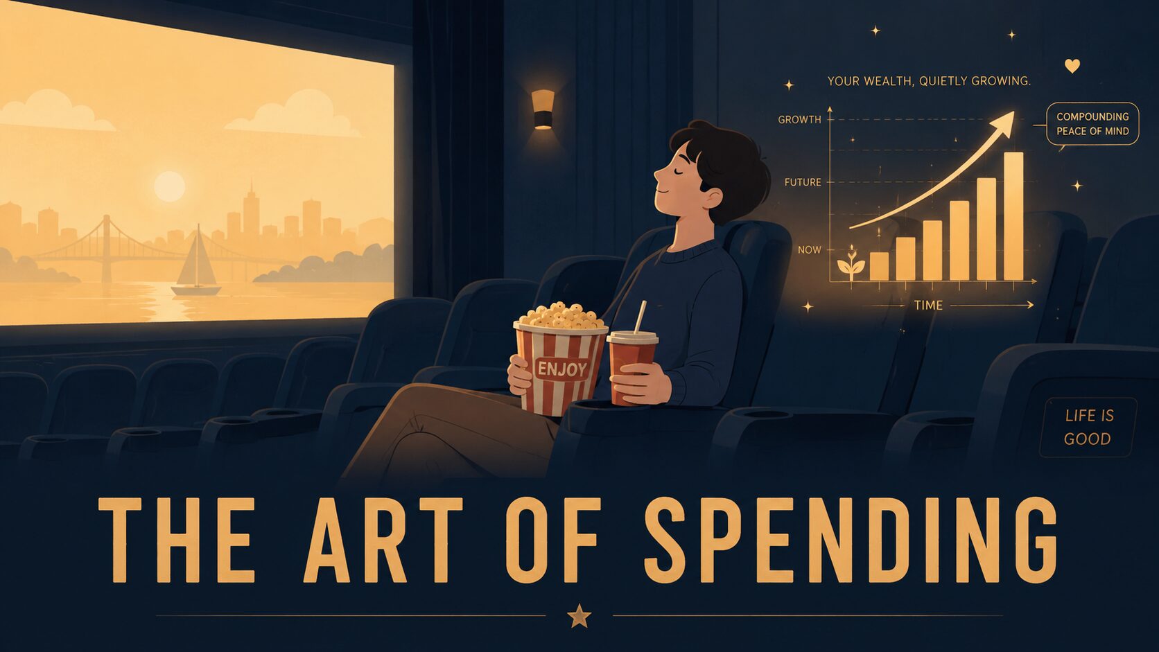 暗い映画館の座席に座る人物と、背後に伸びる資産グラフを対比させたイラスト