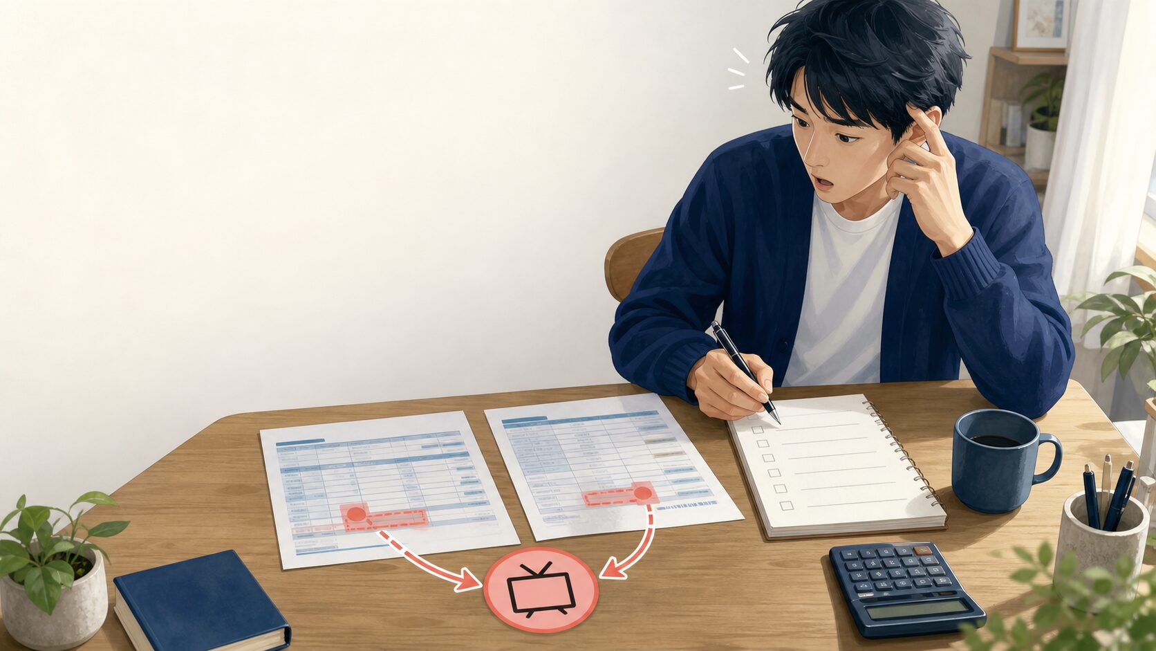 銀行口座とカード明細を照らし合わせ、重複する継続支出を確認する会社員
